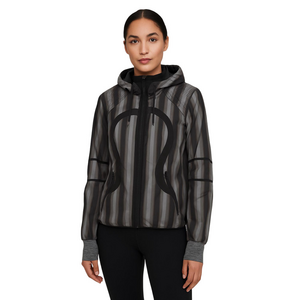 Lululemon Size 8 She’s Swift Full Zip Black Grey Striped Hooded Wind Run Jacket
